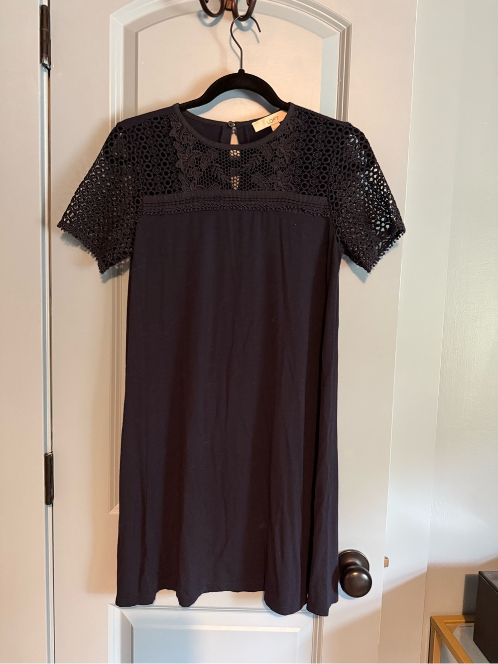 LOFT Navy Lace Yoke Short Sleeve Shift Dress